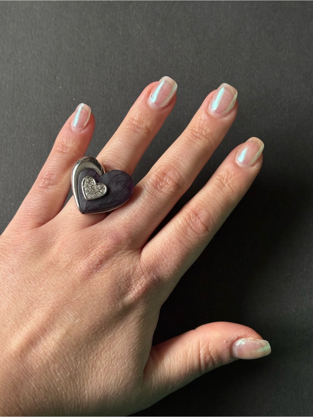 Vintage Heart Ring Purple Wood Crystal Accent Silver Tone | Size 8